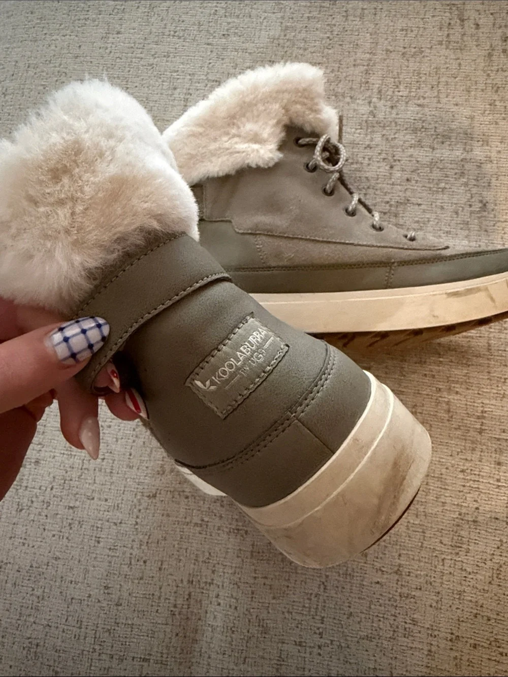 UGG Taupe Suede Lace-Up Winter Boots with Cream Faux Fur Cuff